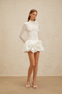 Léonor White 3D Petal Puff Mini Dress