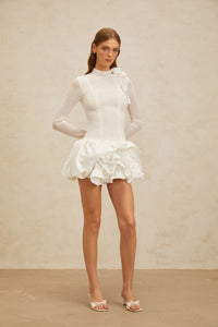Léonor White 3D Petal Puff Mini Dress