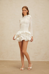 Léonor White 3D Petal Puff Mini Dress