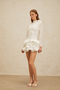 Léonor White 3D Petal Puff Mini Dress