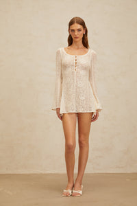Céline White Flared Crochet Knit Mini Dress