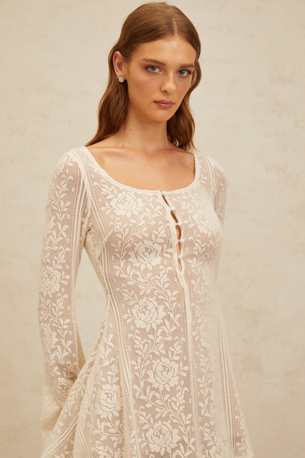 Céline White Flared Crochet Knit Mini Dress