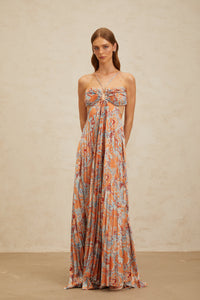 Andréa Orange Floral Print Pleated Maxi Dress with Cutout Detail