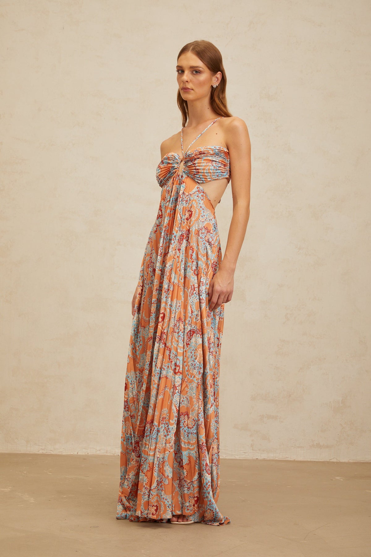 Andréa Orange Floral Print Pleated Maxi Dress with Cutout Detail