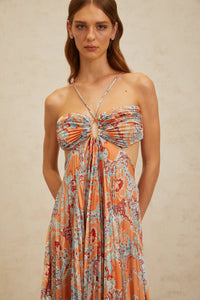 Andréa Orange Floral Print Pleated Maxi Dress with Cutout Detail
