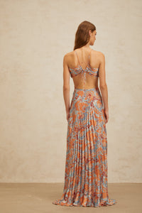Andréa Orange Floral Print Pleated Maxi Dress with Cutout Detail
