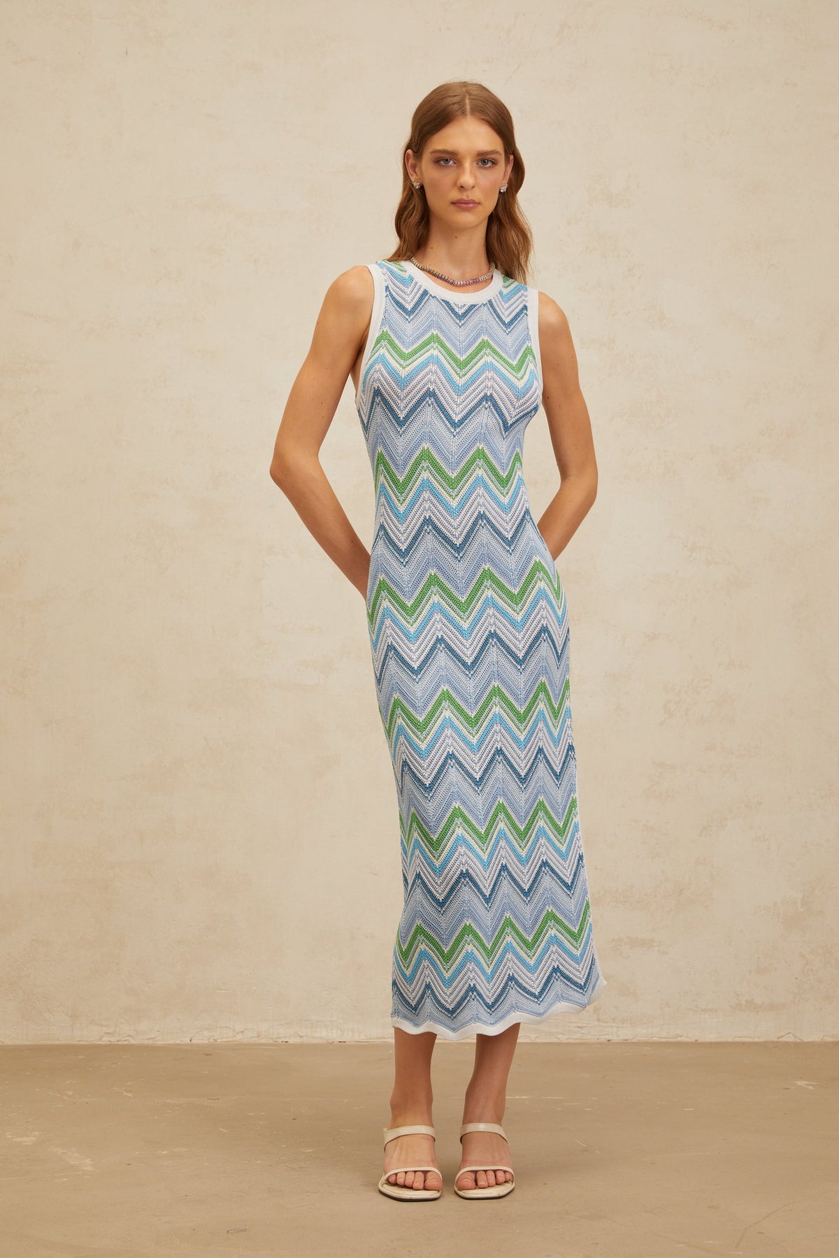 Solène Blue Chevron Knit Midi Dress