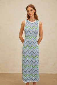 Solène Blue Chevron Knit Midi Dress