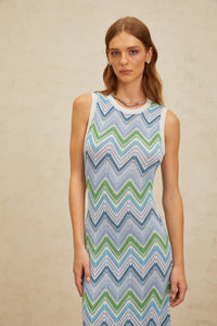 Solène Blue Chevron Knit Midi Dress