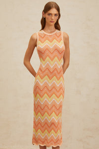 Solène Orange Chevron Knit Midi Dress