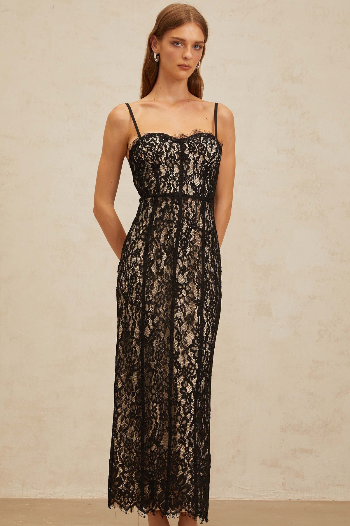 Giorgia Black Floral Lace Corset Maxi Dress
