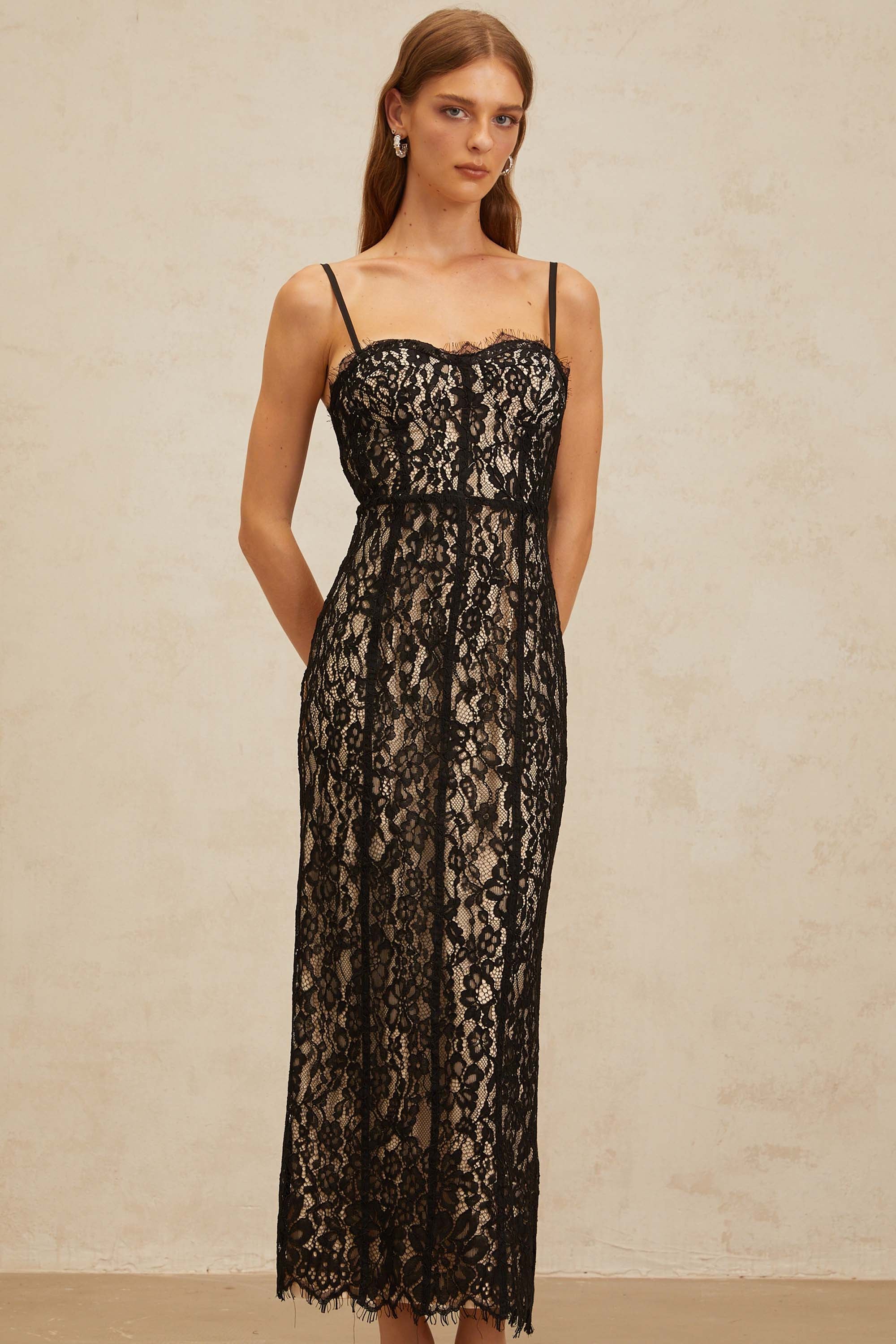Giorgia Black Floral Lace Corset Maxi Dress