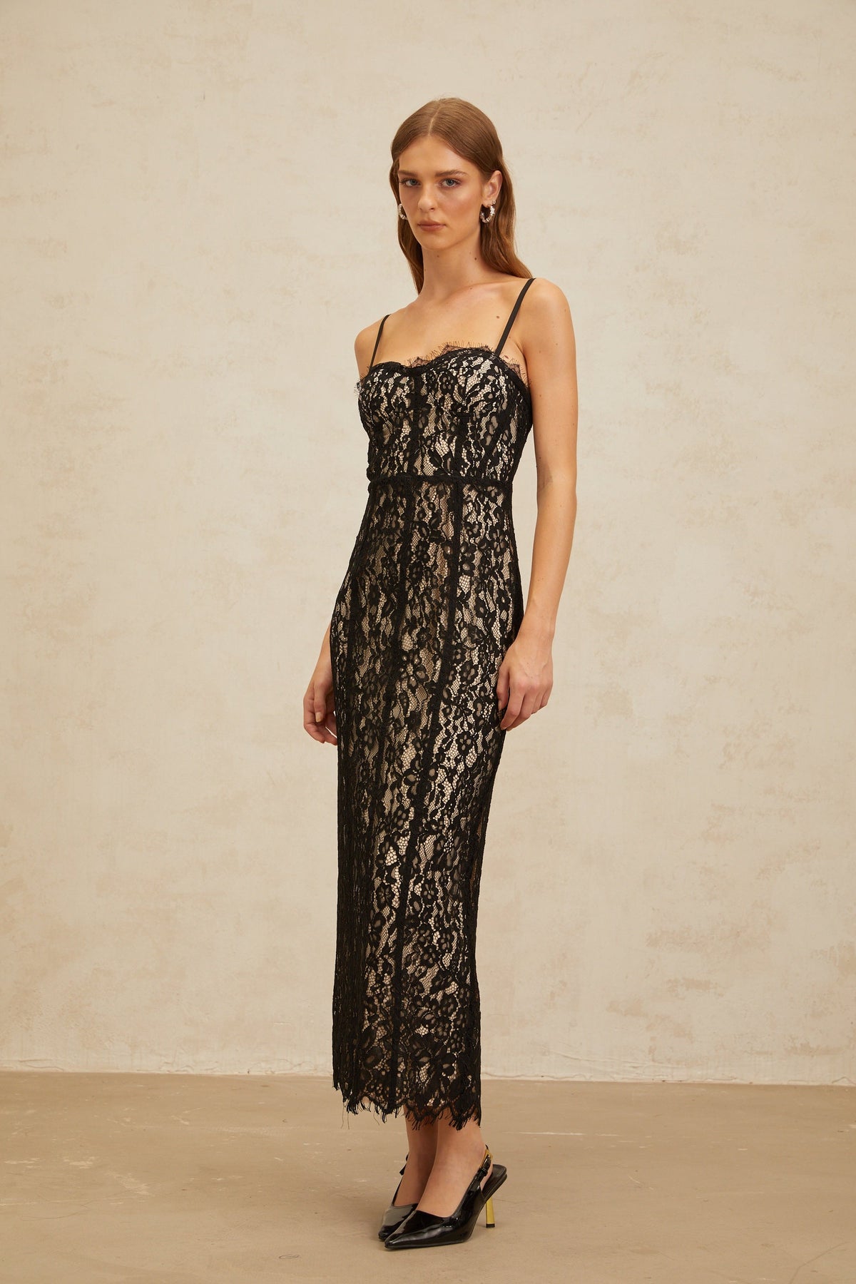 Giorgia Black Floral Lace Corset Maxi Dress