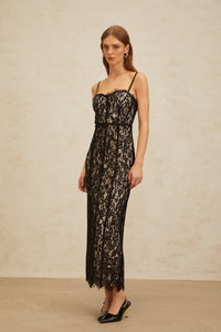 Giorgia Black Floral Lace Corset Maxi Dress