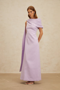 Annabelle Purple Cape-Design Ribbon Maxi Dress