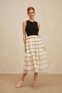 Anouk Contrast Color Tiered Panelled Midi Dress