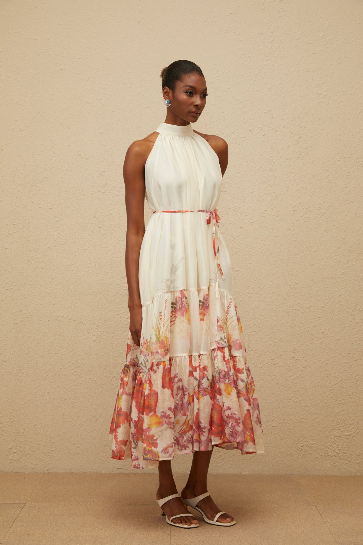 Fleur Neutral Shirred Floral Midi Dress