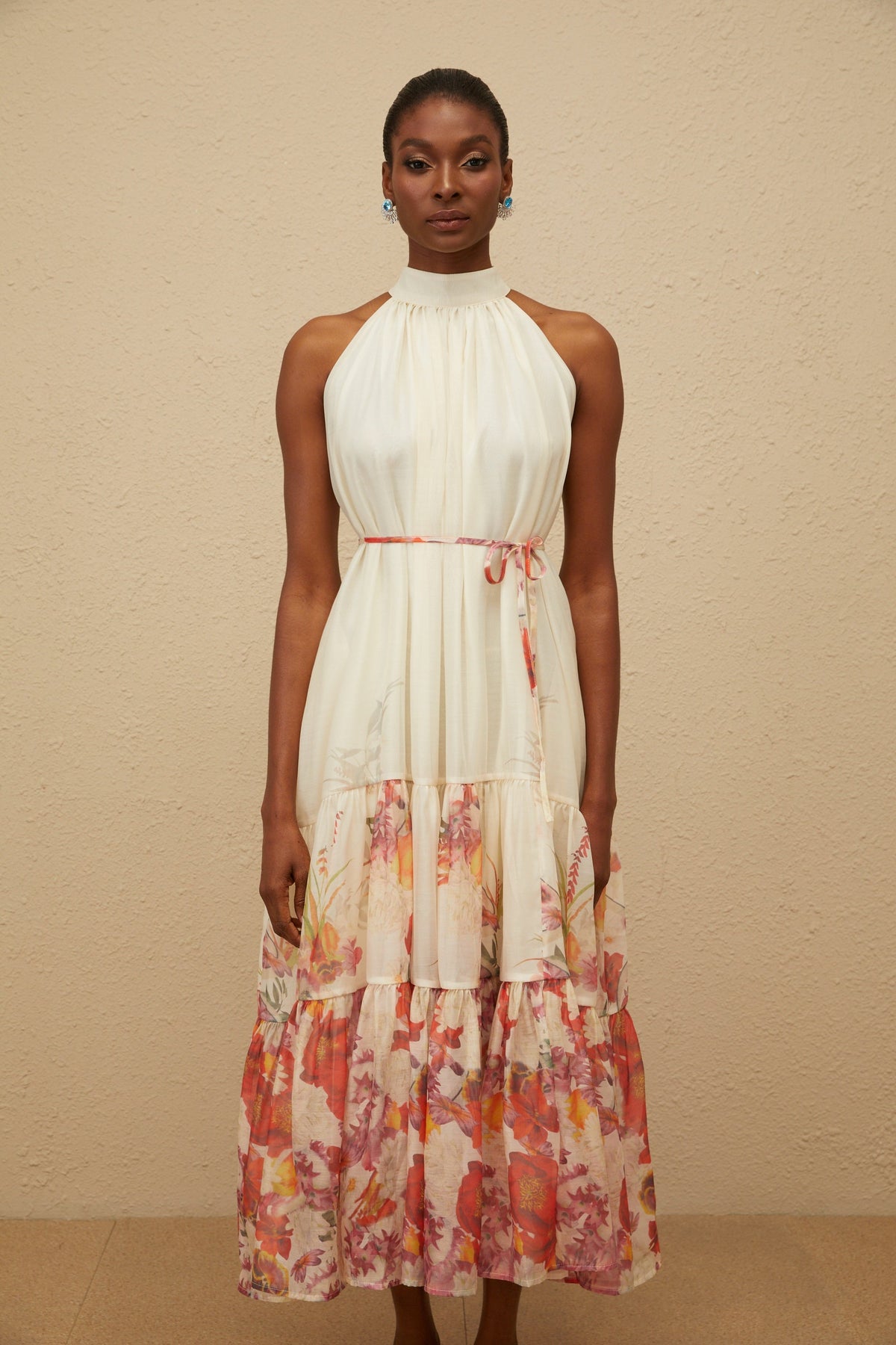 Fleur Neutral Shirred Floral Midi Dress