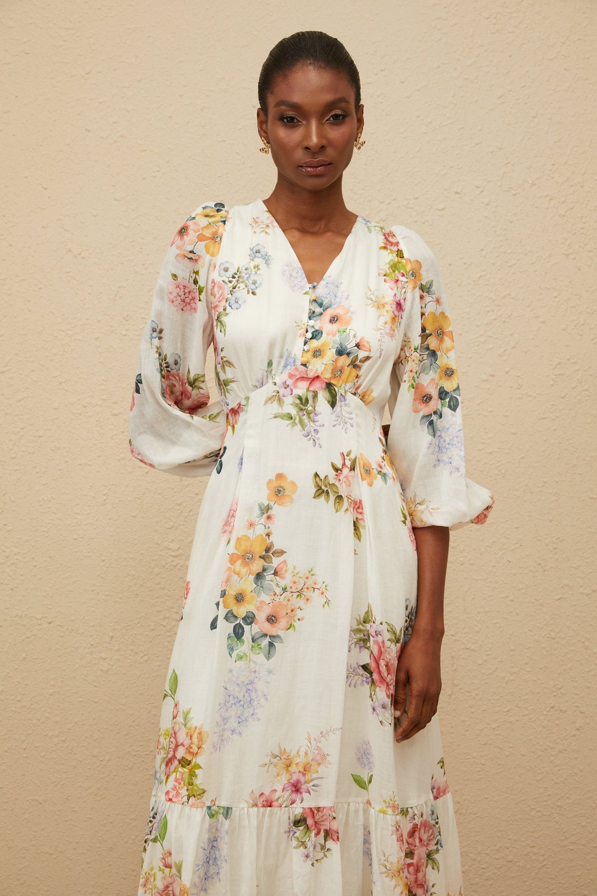 Noémie White Floral Print V-Neck Midi Dress