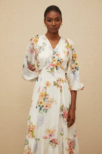 Noémie White Floral Print V-Neck Midi Dress