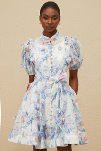 Pétunia Blue Shirred Floral Mini Dress