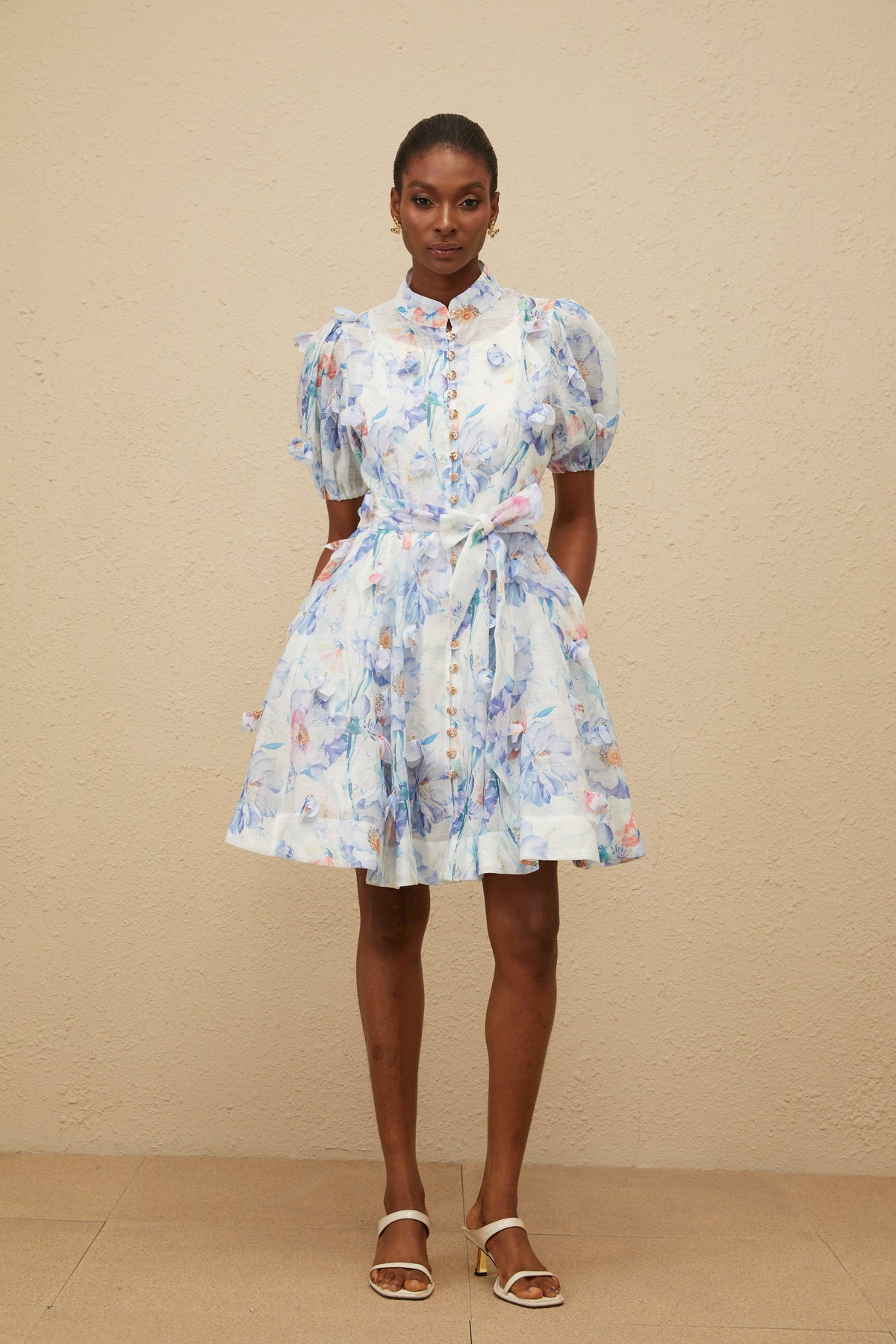 Pétunia Blue Shirred Floral Mini Dress