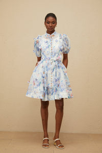 Pétunia Blue Shirred Floral Mini Dress