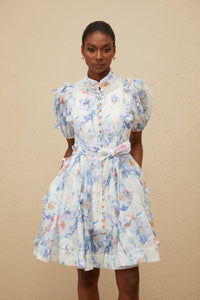Pétunia Blue Shirred Floral Mini Dress