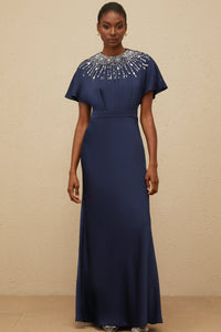 Ombrage Blue Embellished Satin Maxi Dress