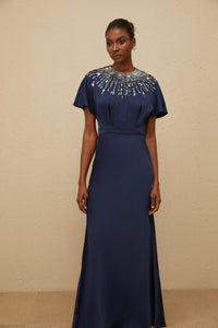Ombrage Blue Embellished Satin Maxi Dress