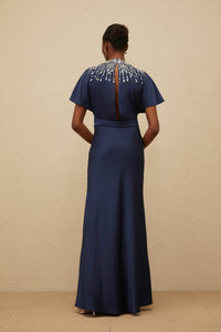 Ombrage Blue Embellished Satin Maxi Dress