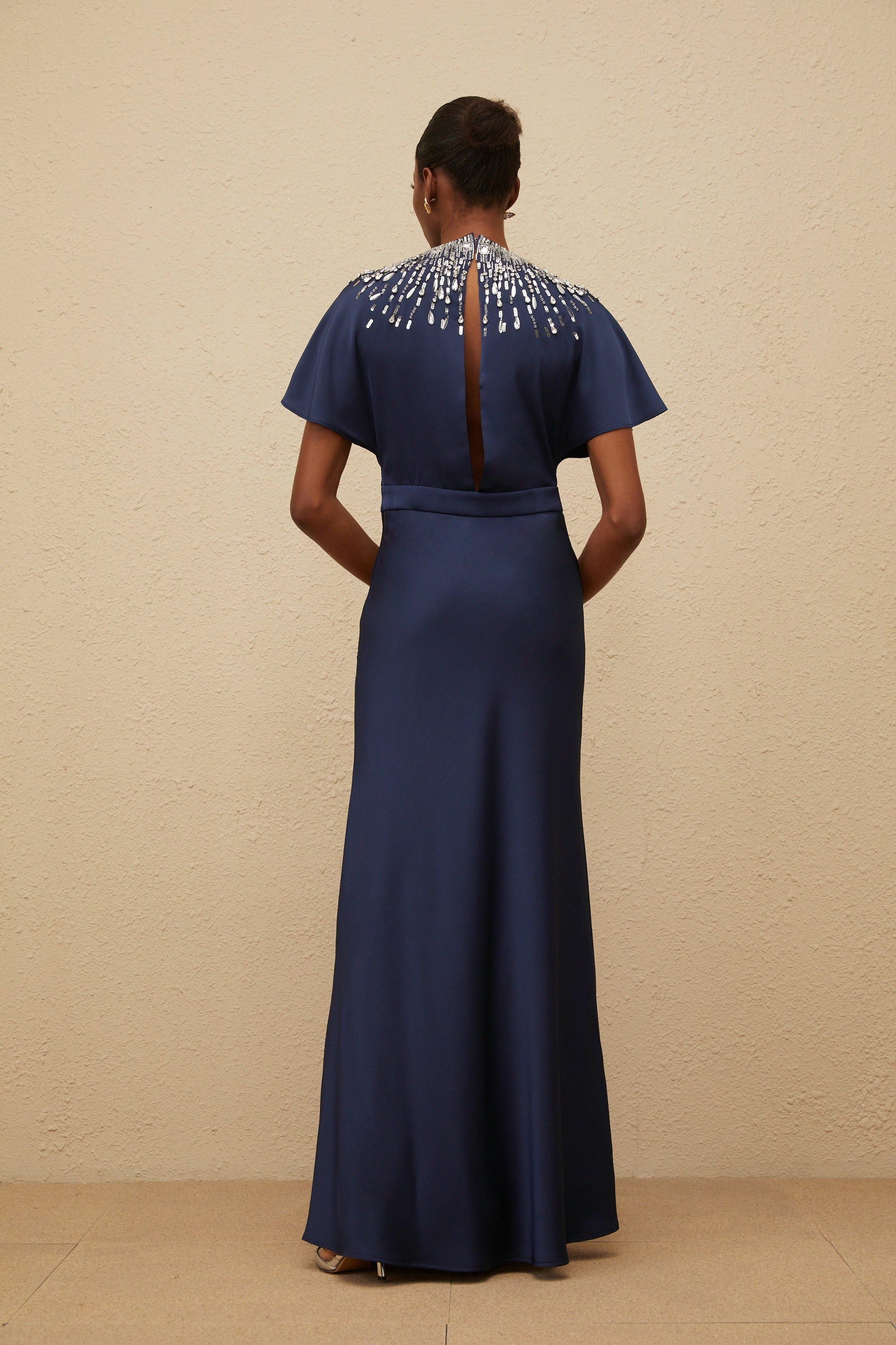 Ombrage Blue Embellished Satin Maxi Dress