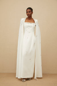 Épuré White Embellished Cape Gown