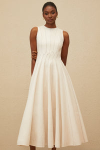 Délicatesse Neutral Shirred Textured Midi Dress