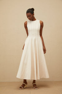 Délicatesse Neutral Shirred Textured Midi Dress