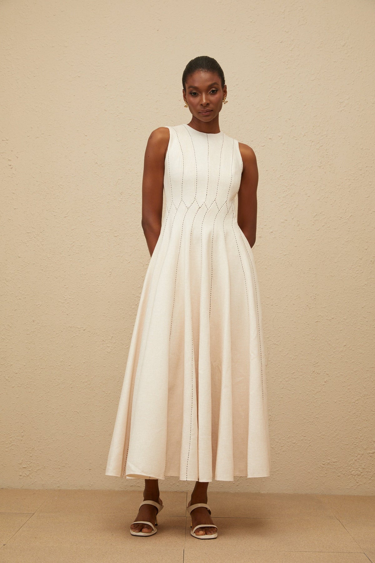Délicatesse Neutral Shirred Textured Midi Dress
