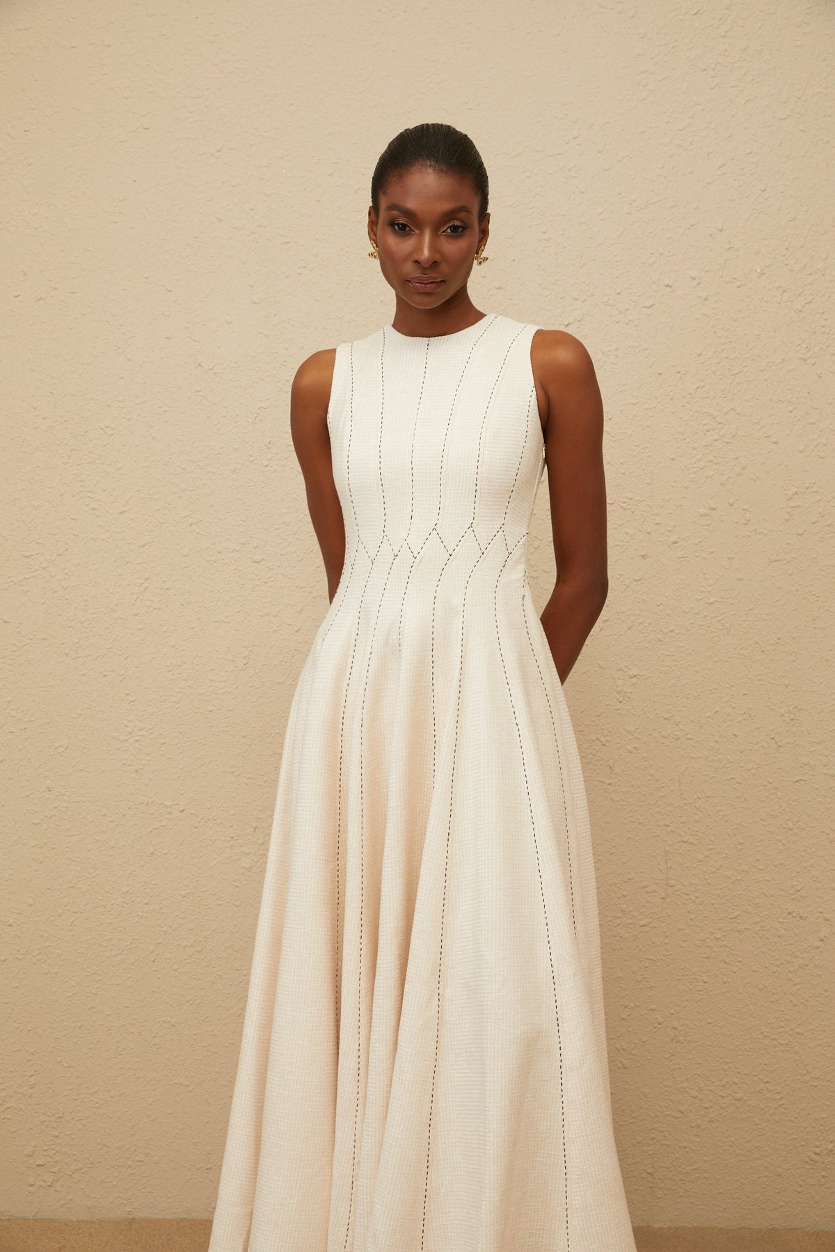 Délicatesse Neutral Shirred Textured Midi Dress