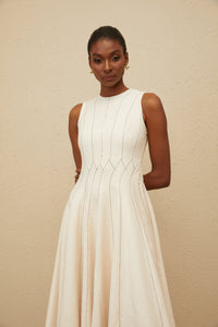 Délicatesse Neutral Shirred Textured Midi Dress