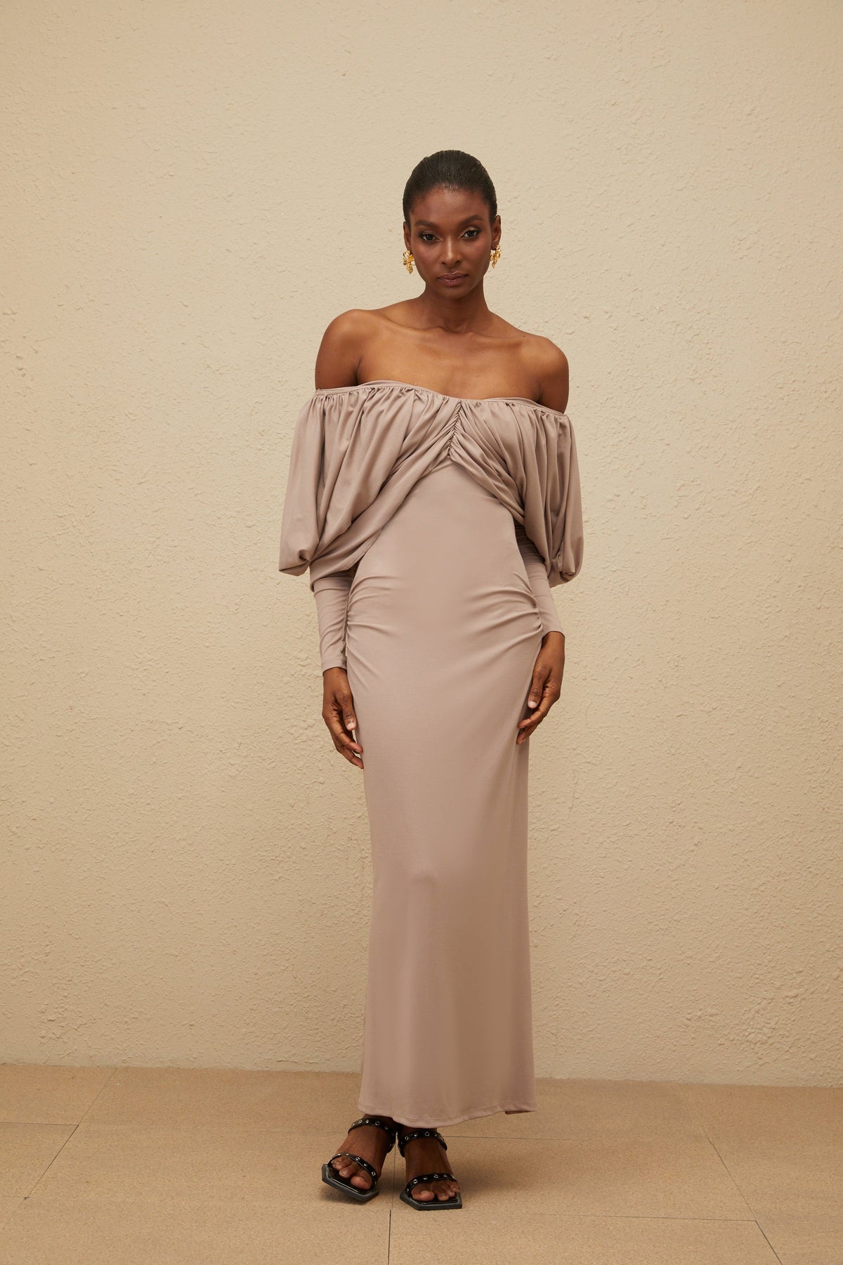 Roxane Grey Ruched Shift Midi Dress