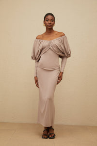 Roxane Grey Ruched Shift Midi Dress