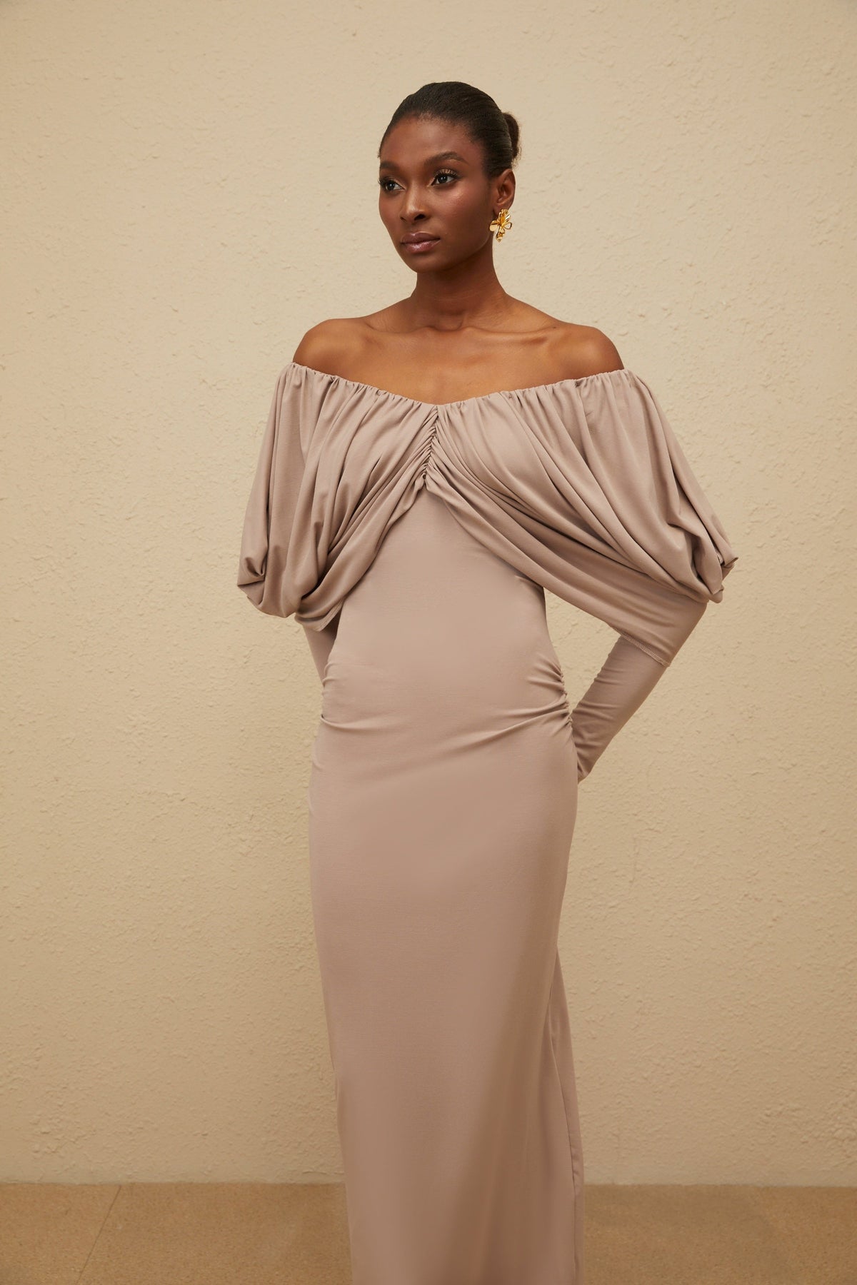 Roxane Grey Ruched Shift Midi Dress