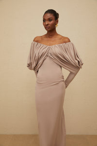 Roxane Grey Ruched Shift Midi Dress