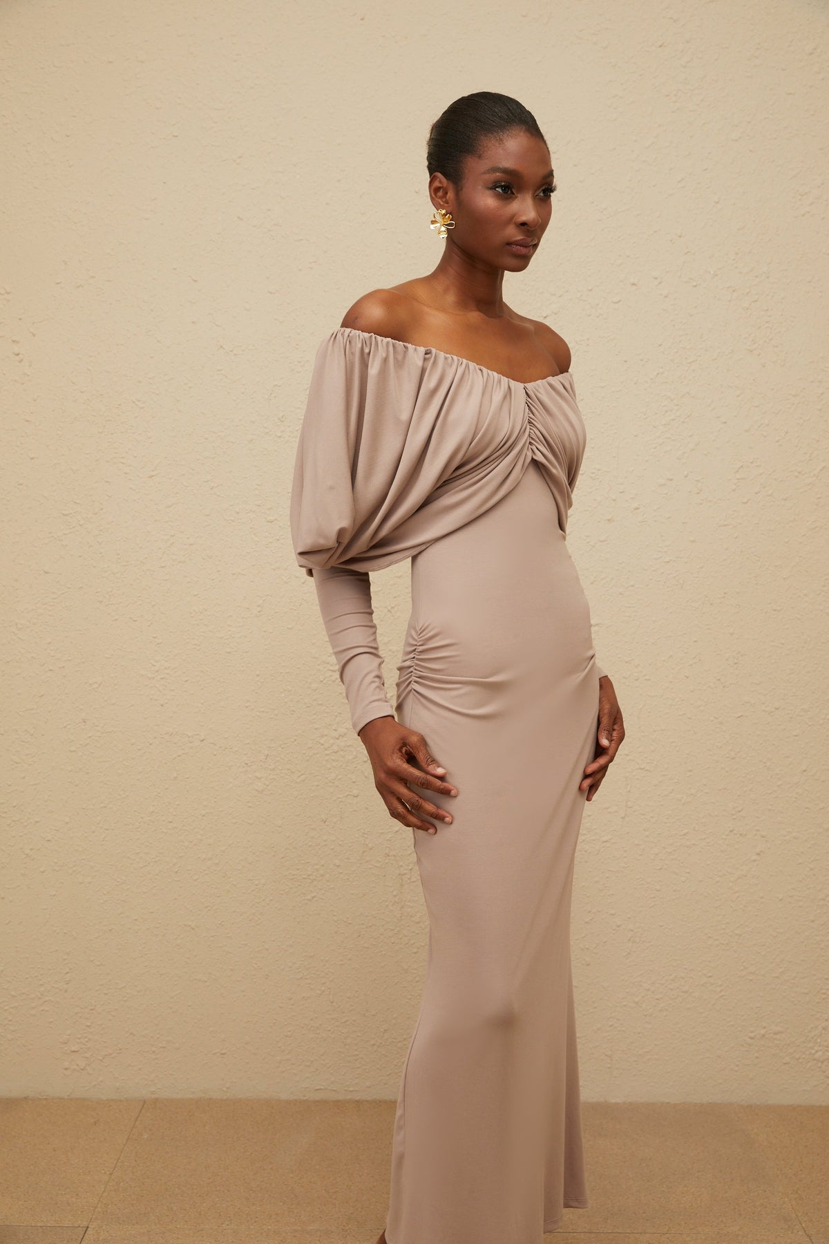 Roxane Grey Ruched Shift Midi Dress