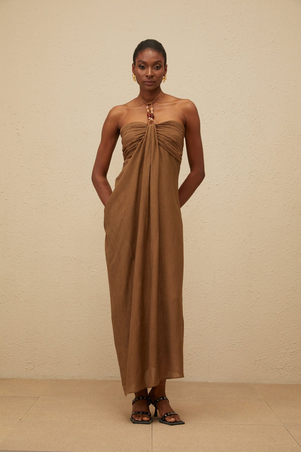 Ludivine Brown Ruched Maxi Dress with Beaded Straps