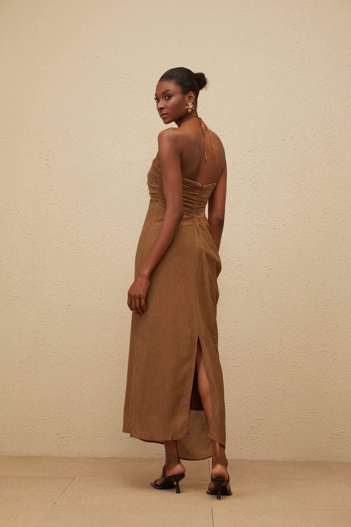 Ludivine Brown Ruched Maxi Dress with Beaded Straps