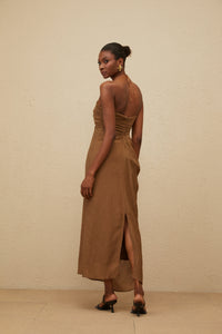 Ludivine Brown Ruched Maxi Dress with Beaded Straps