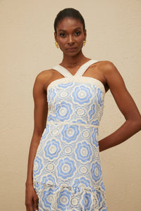 Frivole Blue Crochet Floral Midi Dress