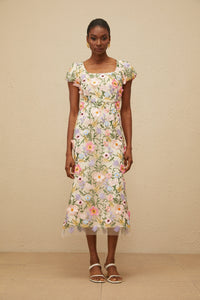 Enjouée Neutral Floral Embroidered Midi Dress