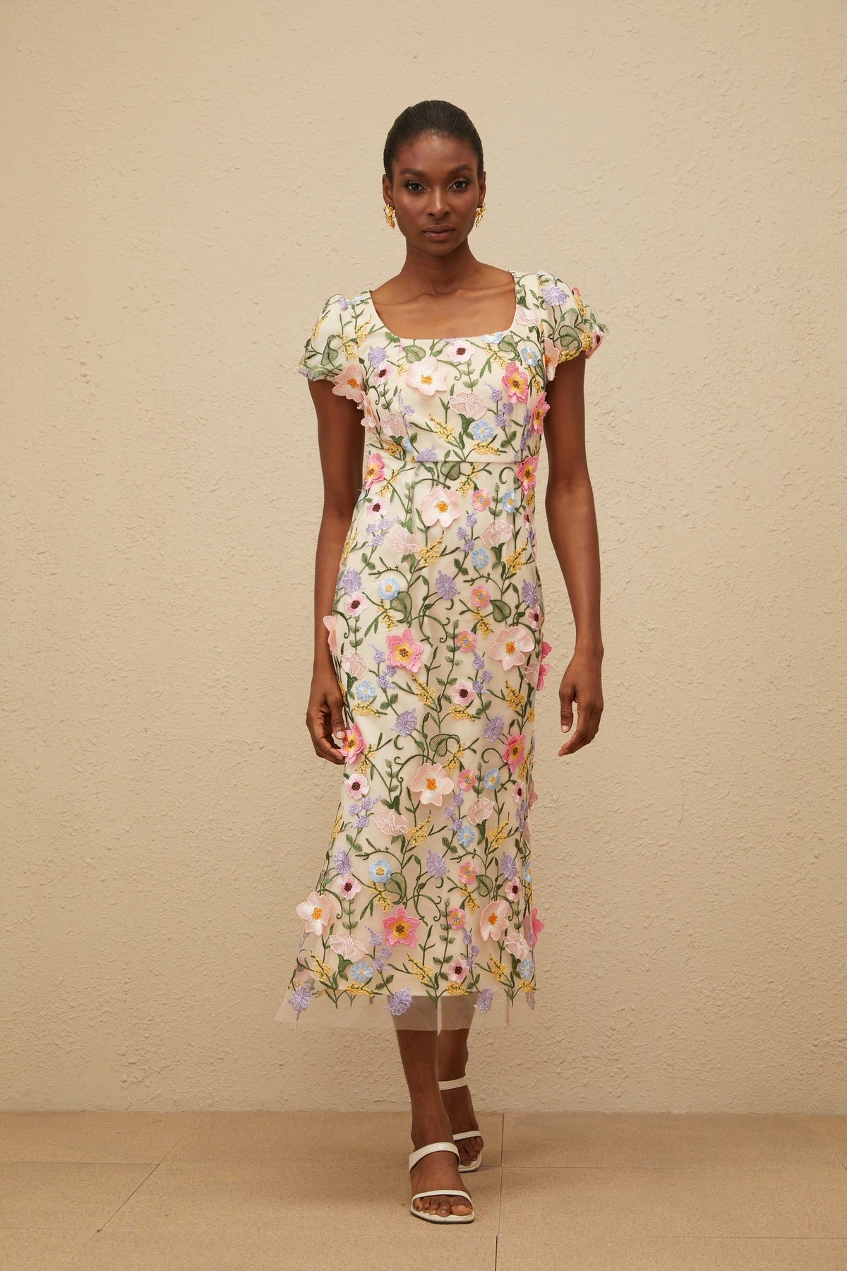 Enjouée Neutral Floral Embroidered Midi Dress