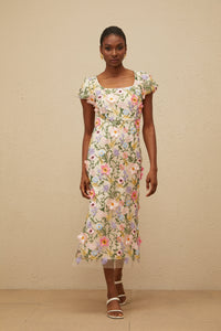 Enjouée Neutral Floral Embroidered Midi Dress